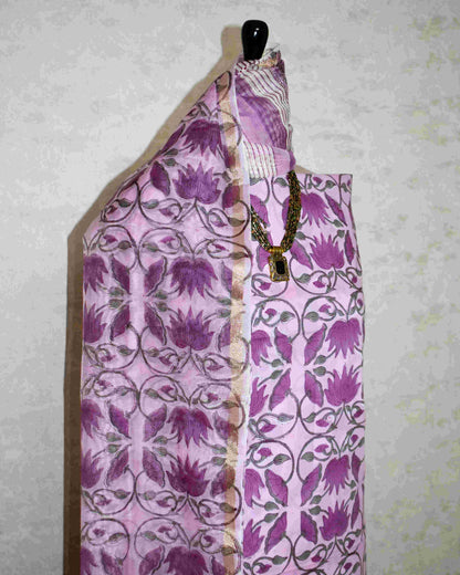 Hand Block Printed Premium Cotton suit set with Violet Floral veils & Chanderi Silk Dupatta - Curated Edit