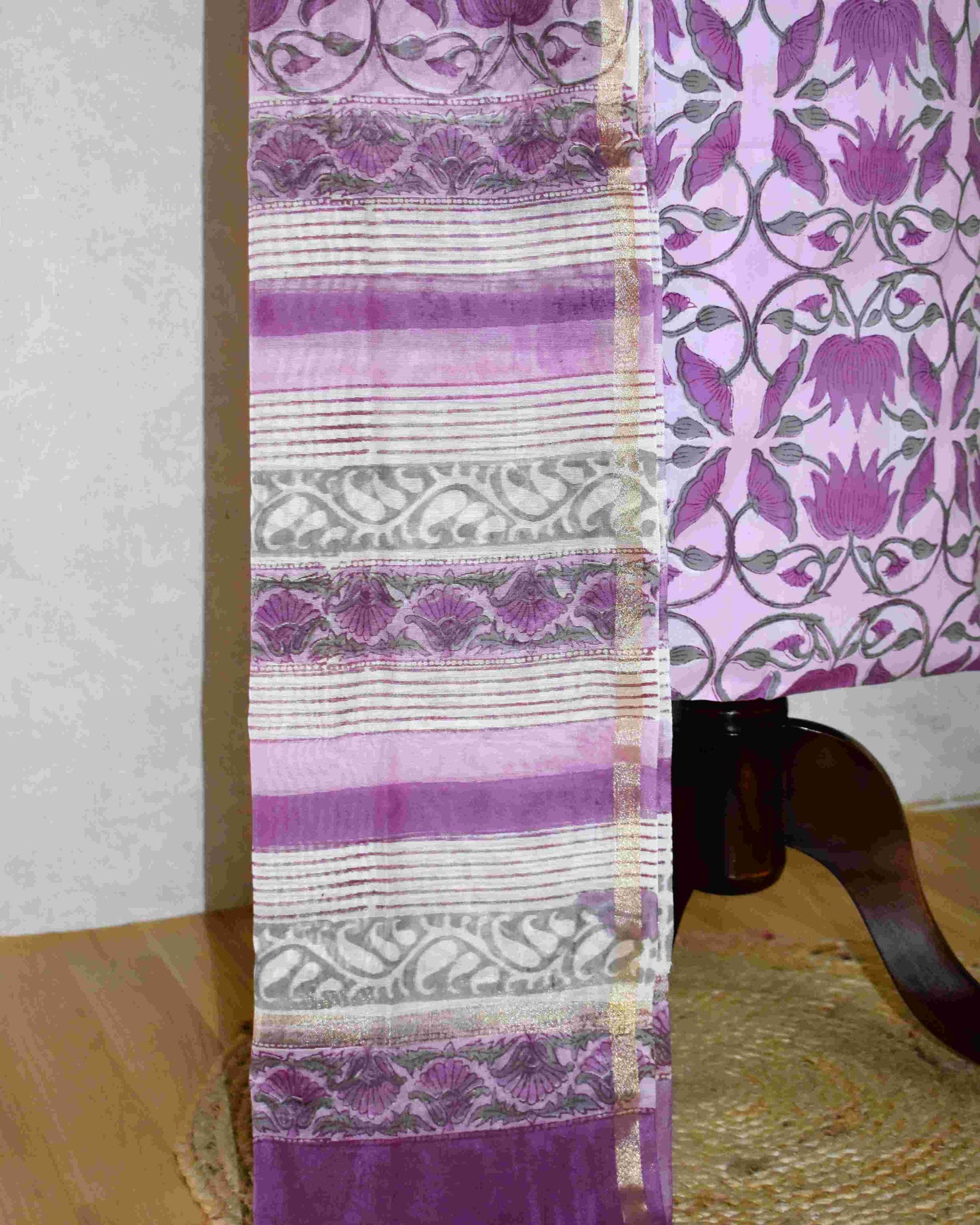 Hand Block Printed Premium Cotton suit set with Violet Floral veils & Chanderi Silk Dupatta - Curated Edit