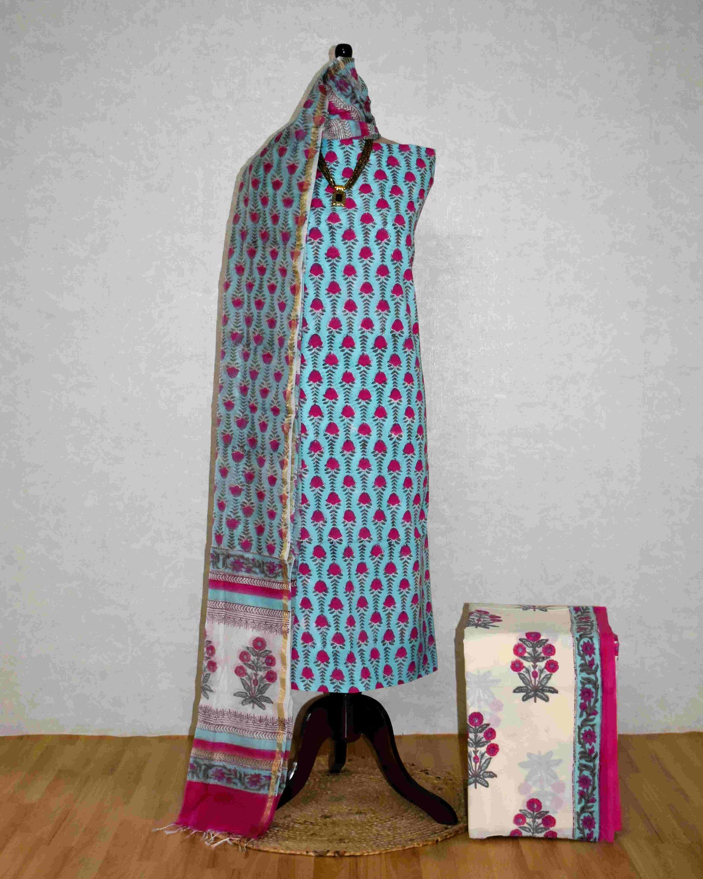Hand Block Printed Premium Cotton Sky Blue with Pink Floral veils & Chanderi Silk Dupatta - Curated Edit