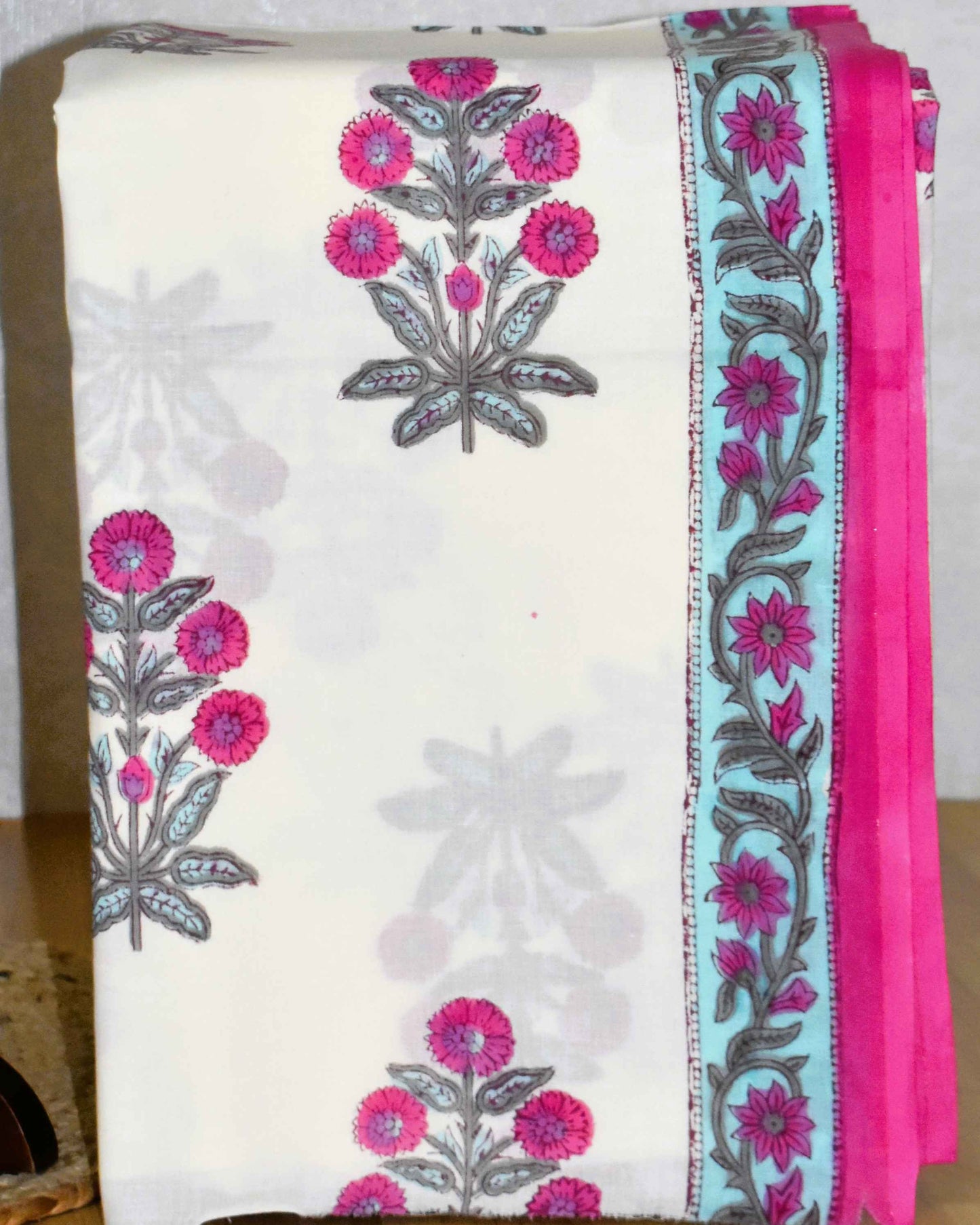 Hand Block Printed Premium Cotton Sky Blue with Pink Floral veils & Chanderi Silk Dupatta - Curated Edit