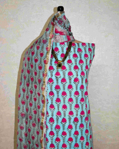Hand Block Printed Premium Cotton Sky Blue with Pink Floral veils & Chanderi Silk Dupatta - Curated Edit