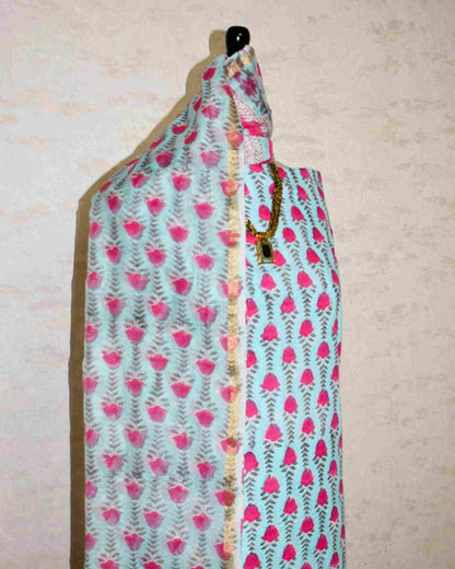 Hand Block Printed Premium Cotton Sky Blue with Pink Floral veils & Chanderi Silk Dupatta - Curated Edit