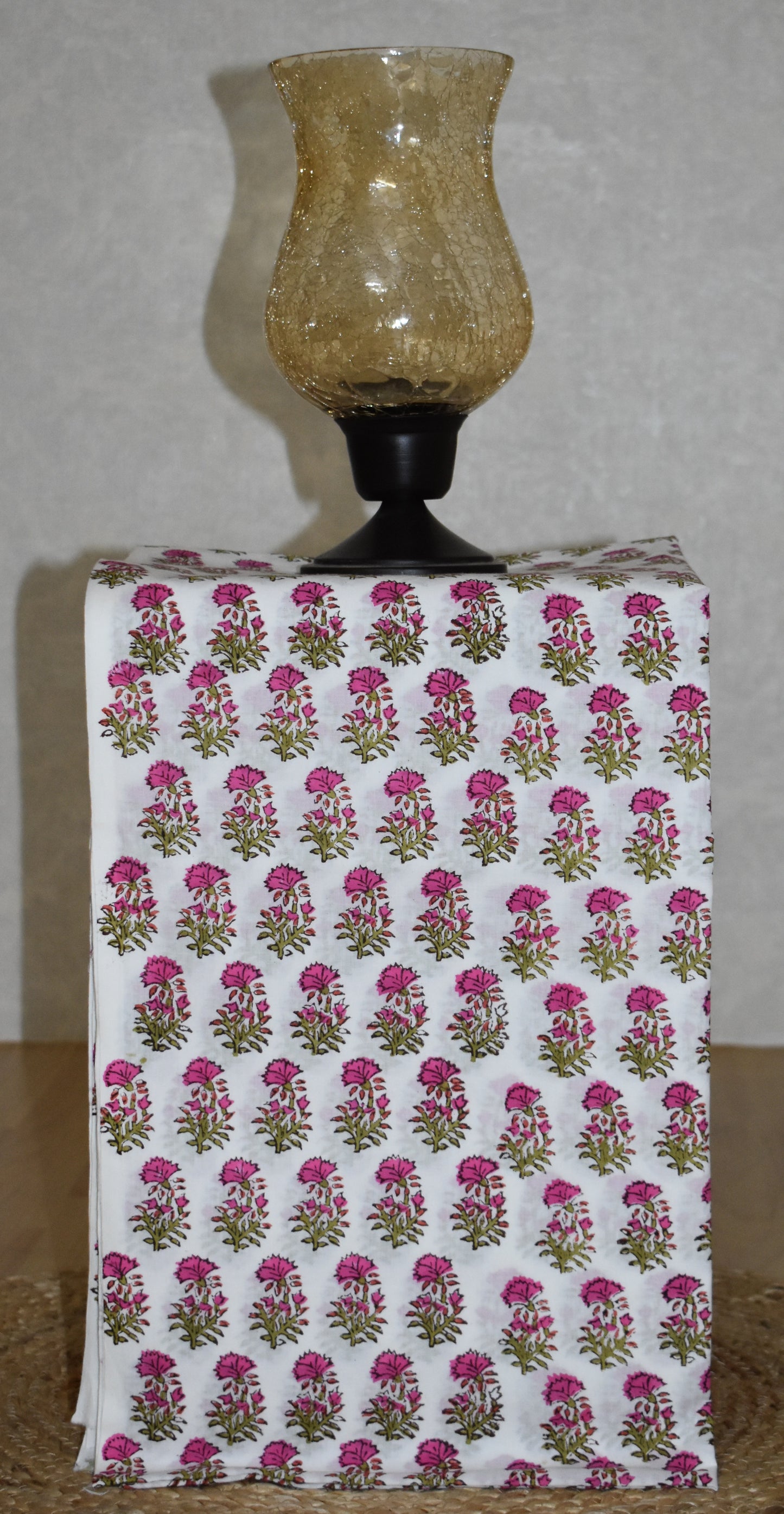 Hand Block Printed Premium Cotton Unstitched Suit with Pink Mughal Floral Buta & Kota Doria Dupatta