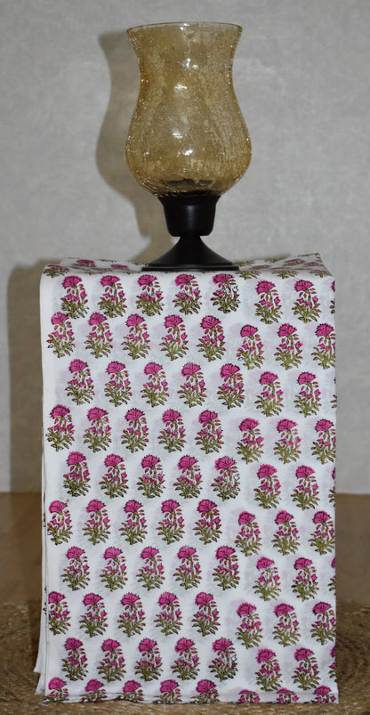 Hand Block Printed Premium Cotton Unstitched Suit with Pink Mughal Floral Buta & Kota Doria Dupatta