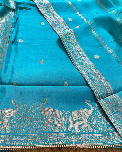 Premium Festive Woven Silk Jacquard Unstitched Suit Set - Ferozi
