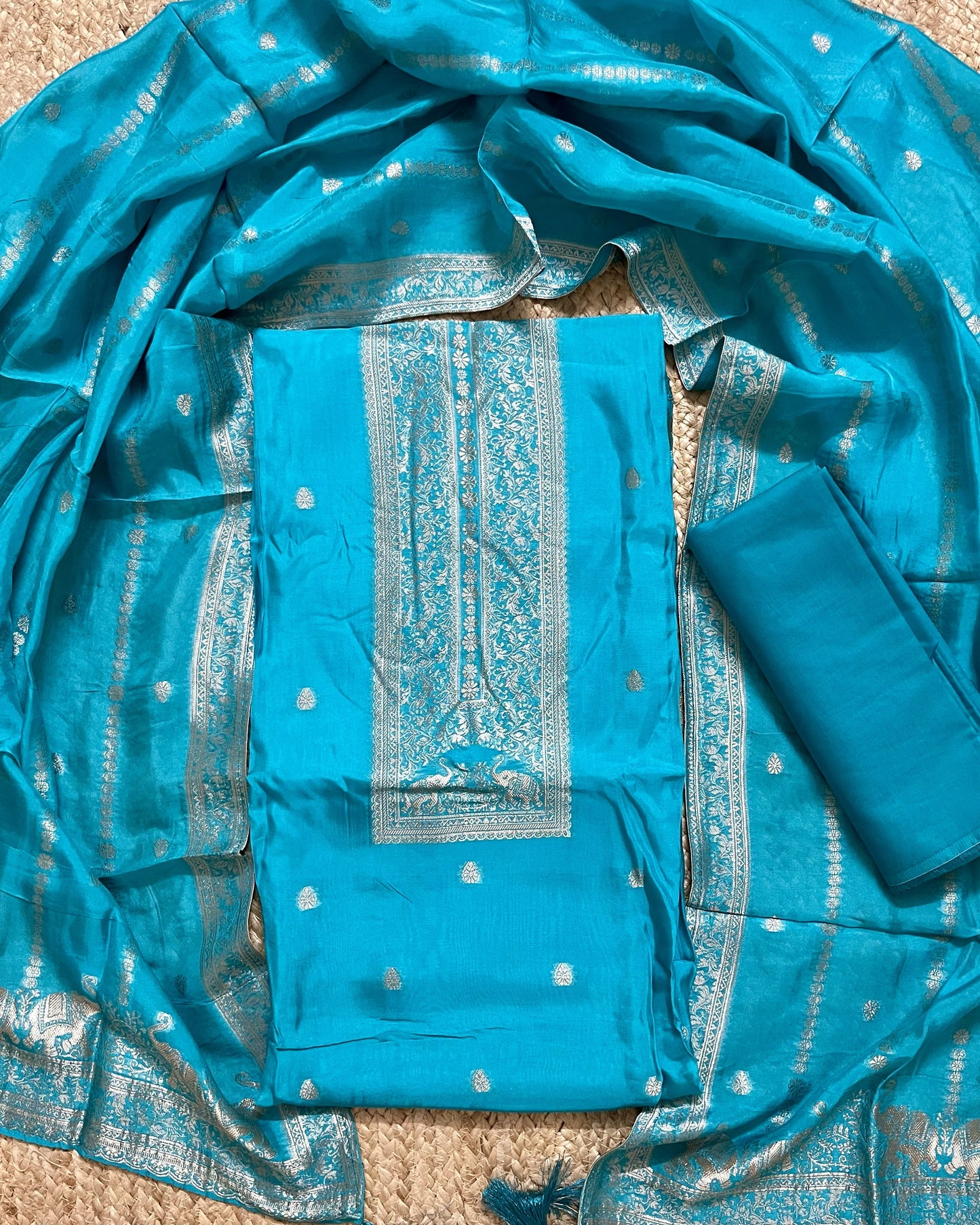 Premium Festive Woven Silk Jacquard Unstitched Suit Set - Ferozi