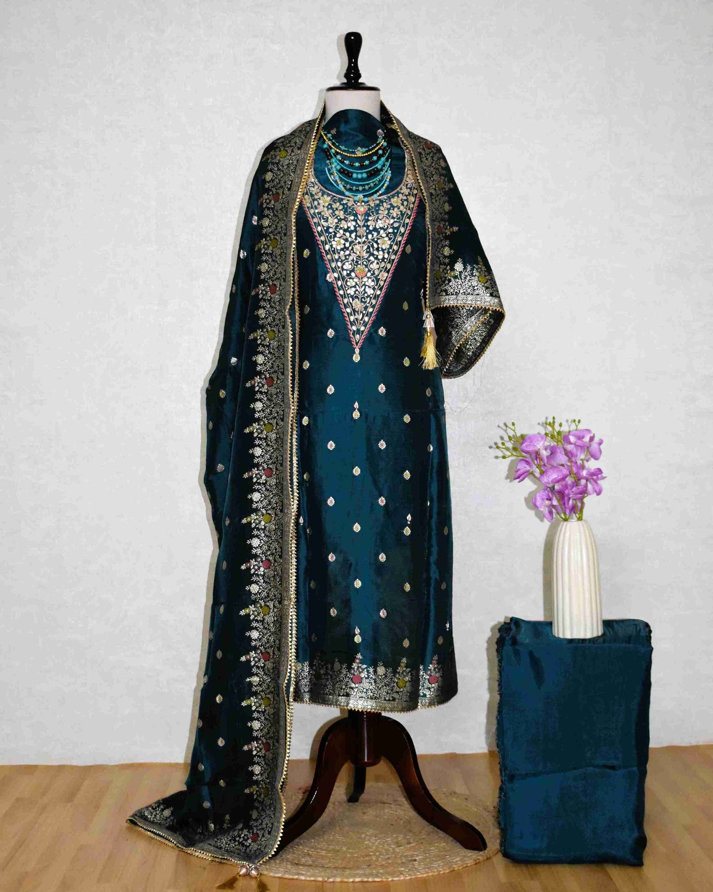Blue-Grey Gaji Silk Gota Patti Suit Set with Dola Silk Dupatta