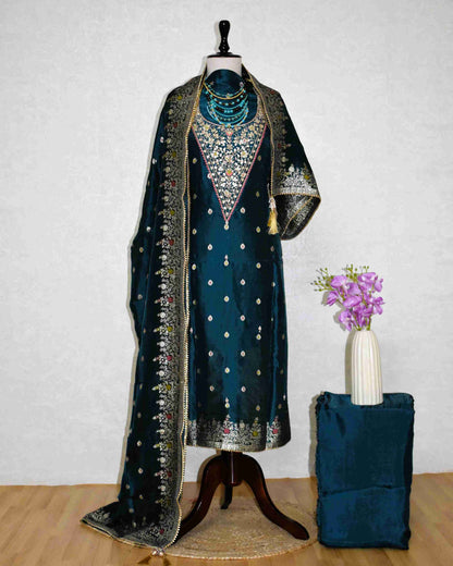 Blue-Grey Gaji Silk Gota Patti Suit Set with Dola Silk Dupatta