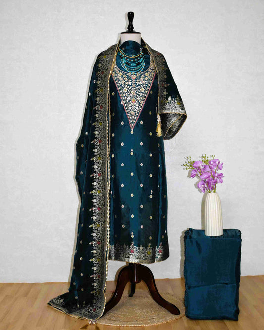 Blue-Grey Gaji Silk Gota Patti Suit Set with Dola Silk Dupatta