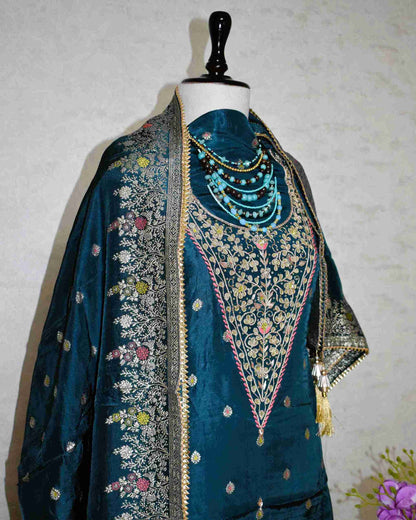 Blue-Grey Gaji Silk Gota Patti Suit Set with Dola Silk Dupatta