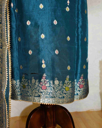 Blue-Grey Gaji Silk Gota Patti Suit Set with Dola Silk Dupatta