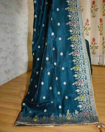 Blue-Grey Gaji Silk Gota Patti Suit Set with Dola Silk Dupatta