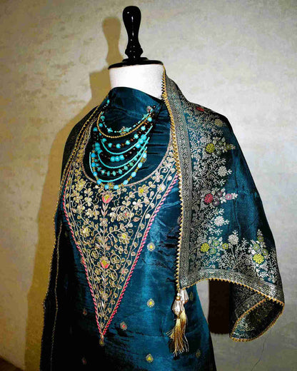 Blue-Grey Gaji Silk Gota Patti Suit Set with Dola Silk Dupatta