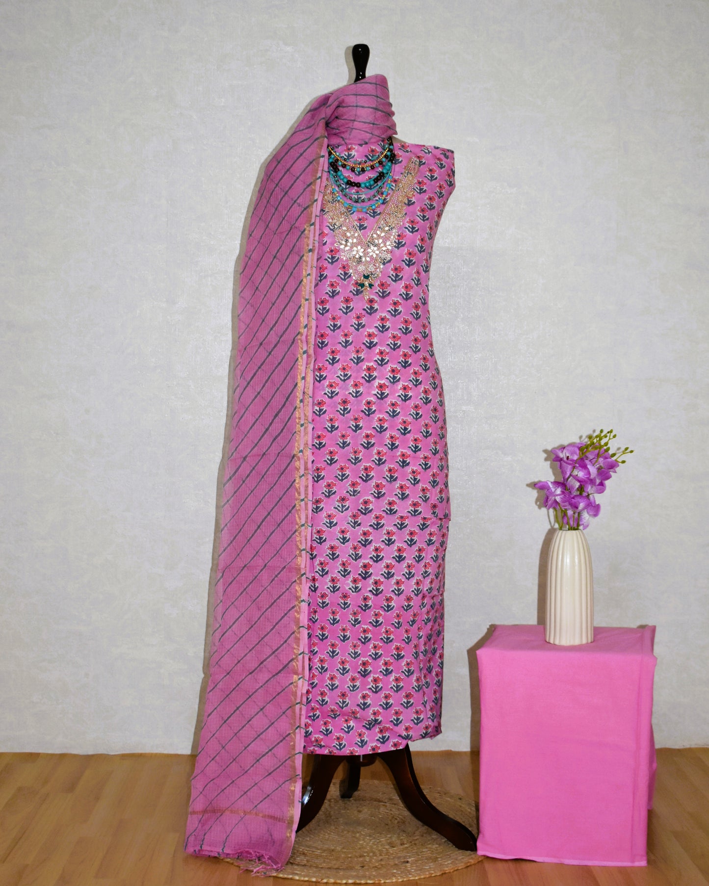 Hand Block Printed Cotton Suit with Gota Patti Hand Embroidery and Kota Doria Leheriya Dupatta