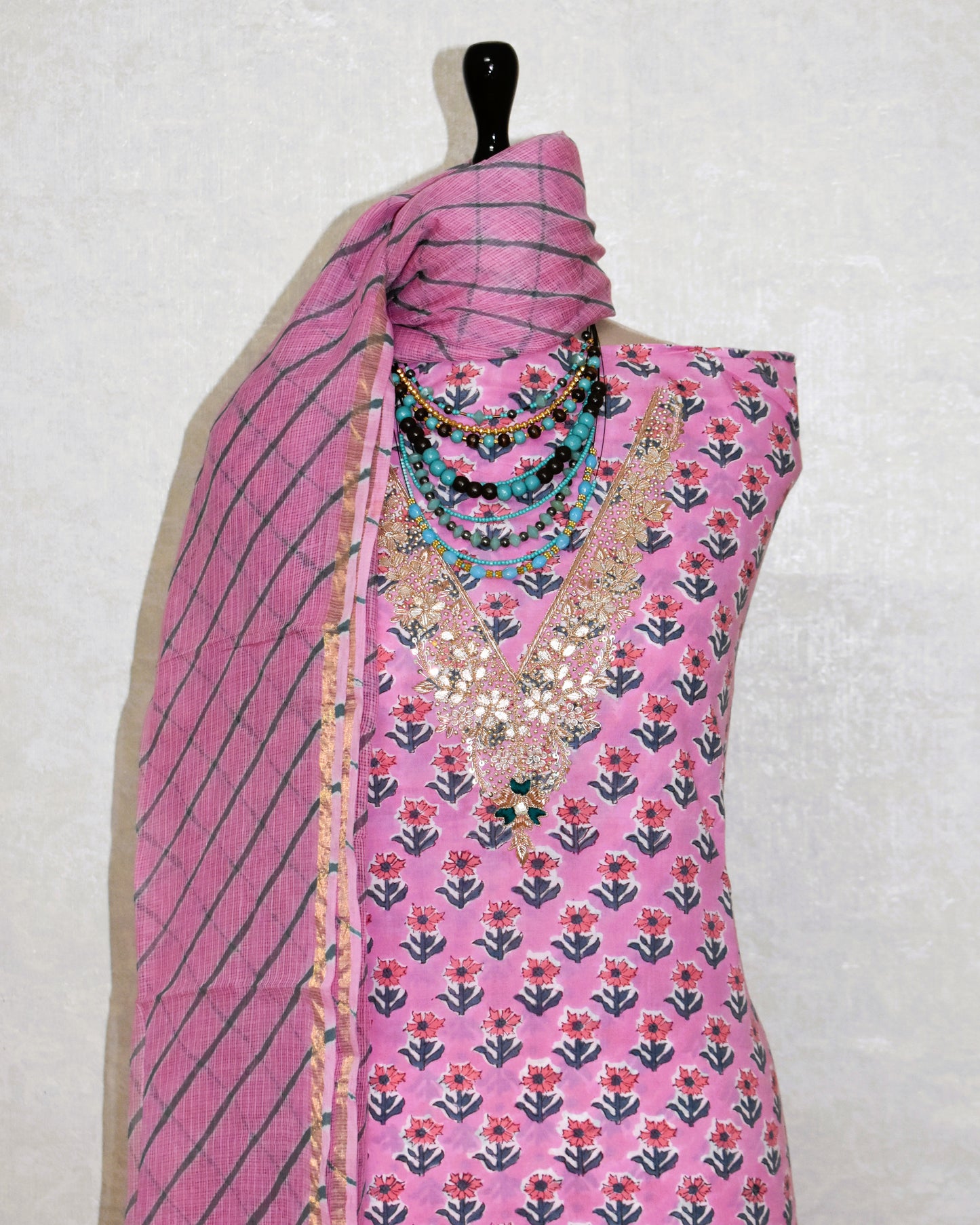 Hand Block Printed Cotton Suit with Gota Patti Hand Embroidery and Kota Doria Leheriya Dupatta