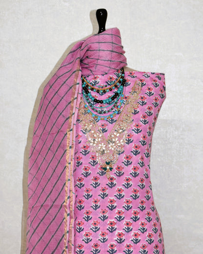 Hand Block Printed Cotton Suit with Gota Patti Hand Embroidery and Kota Doria Leheriya Dupatta