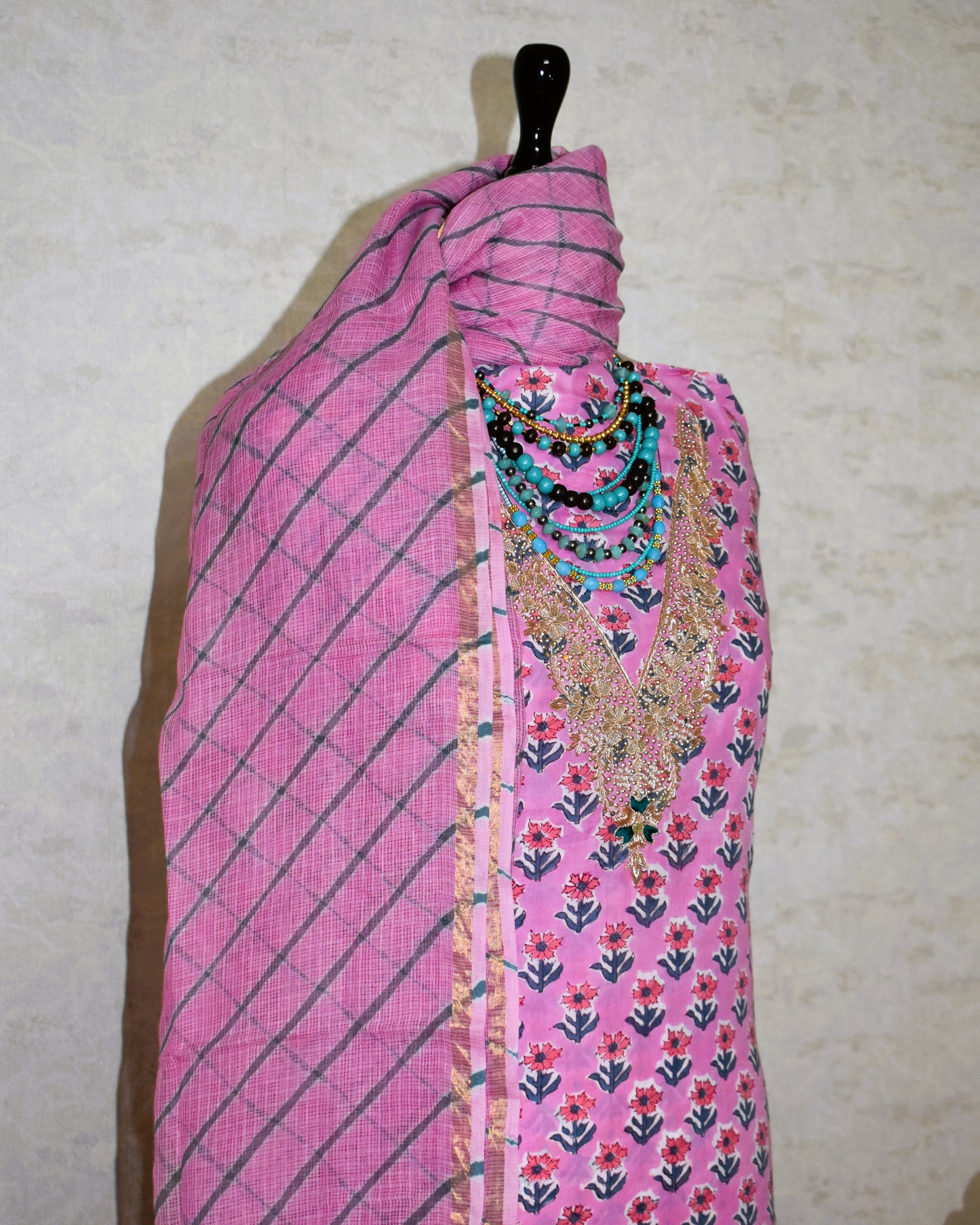 Hand Block Printed Cotton Suit with Gota Patti Hand Embroidery and Kota Doria Leheriya Dupatta