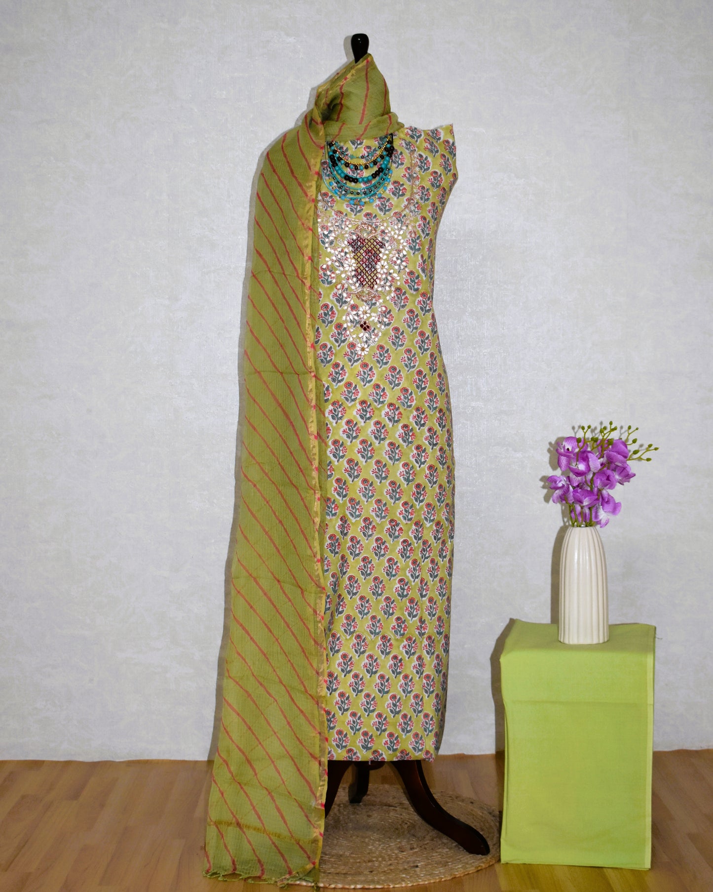 Hand Block Printed Cotton Suit with Gota Patti Hand Embroidery and Kota Doria Leheriya Dupatta