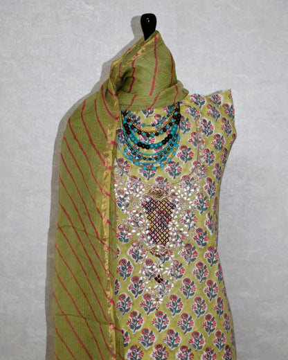 Hand Block Printed Cotton Suit with Gota Patti Hand Embroidery and Kota Doria Leheriya Dupatta