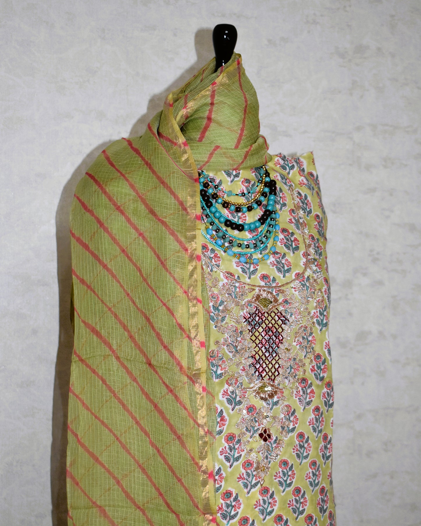 Hand Block Printed Cotton Suit with Gota Patti Hand Embroidery and Kota Doria Leheriya Dupatta