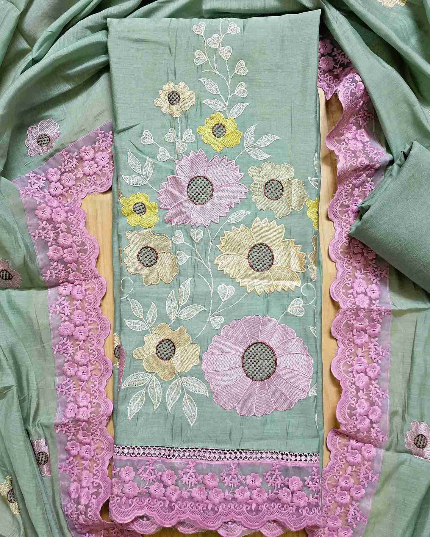 Premium Mal Chanderi Embroidered Suit Set with Intricate Neck Lace with Lace-Trimmed Dupatta (Green)