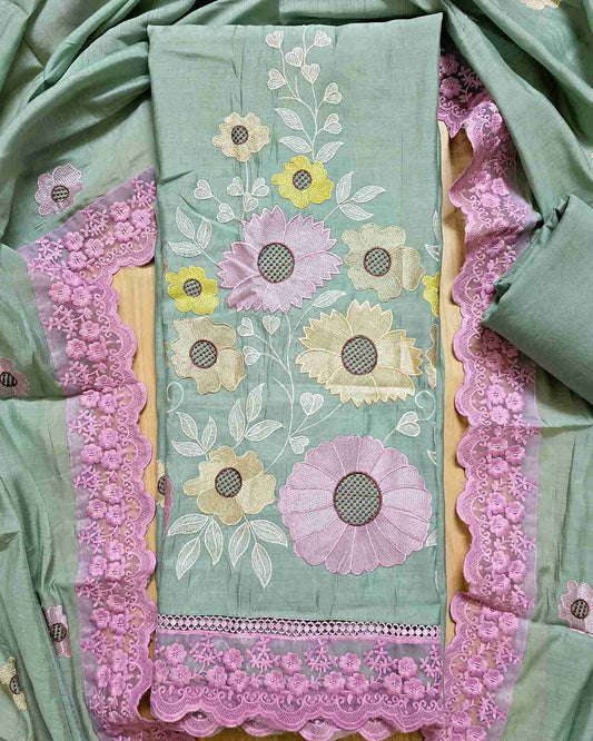 Premium Mal Chanderi Embroidered Suit Set with Intricate Neck Lace with Lace-Trimmed Dupatta (Green)