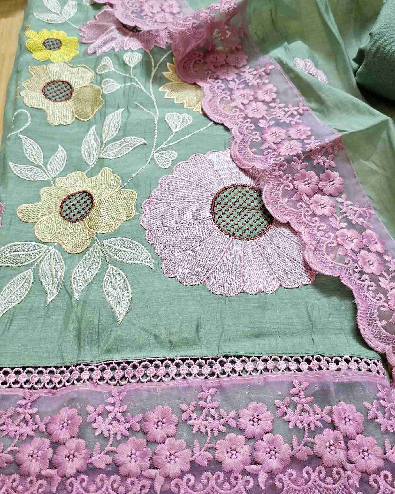 Premium Mal Chanderi Embroidered Suit Set with Intricate Neck Lace with Lace-Trimmed Dupatta (Green)