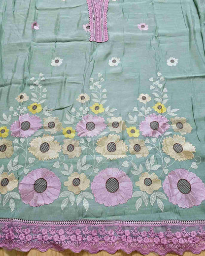 Premium Mal Chanderi Embroidered Suit Set with Intricate Neck Lace with Lace-Trimmed Dupatta (Green)