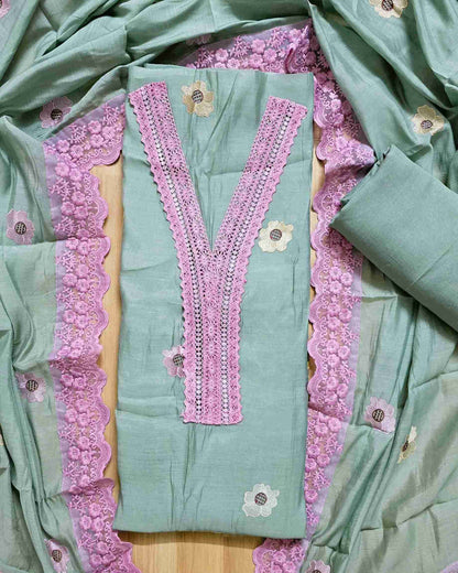 Premium Mal Chanderi Embroidered Suit Set with Intricate Neck Lace with Lace-Trimmed Dupatta (Green)