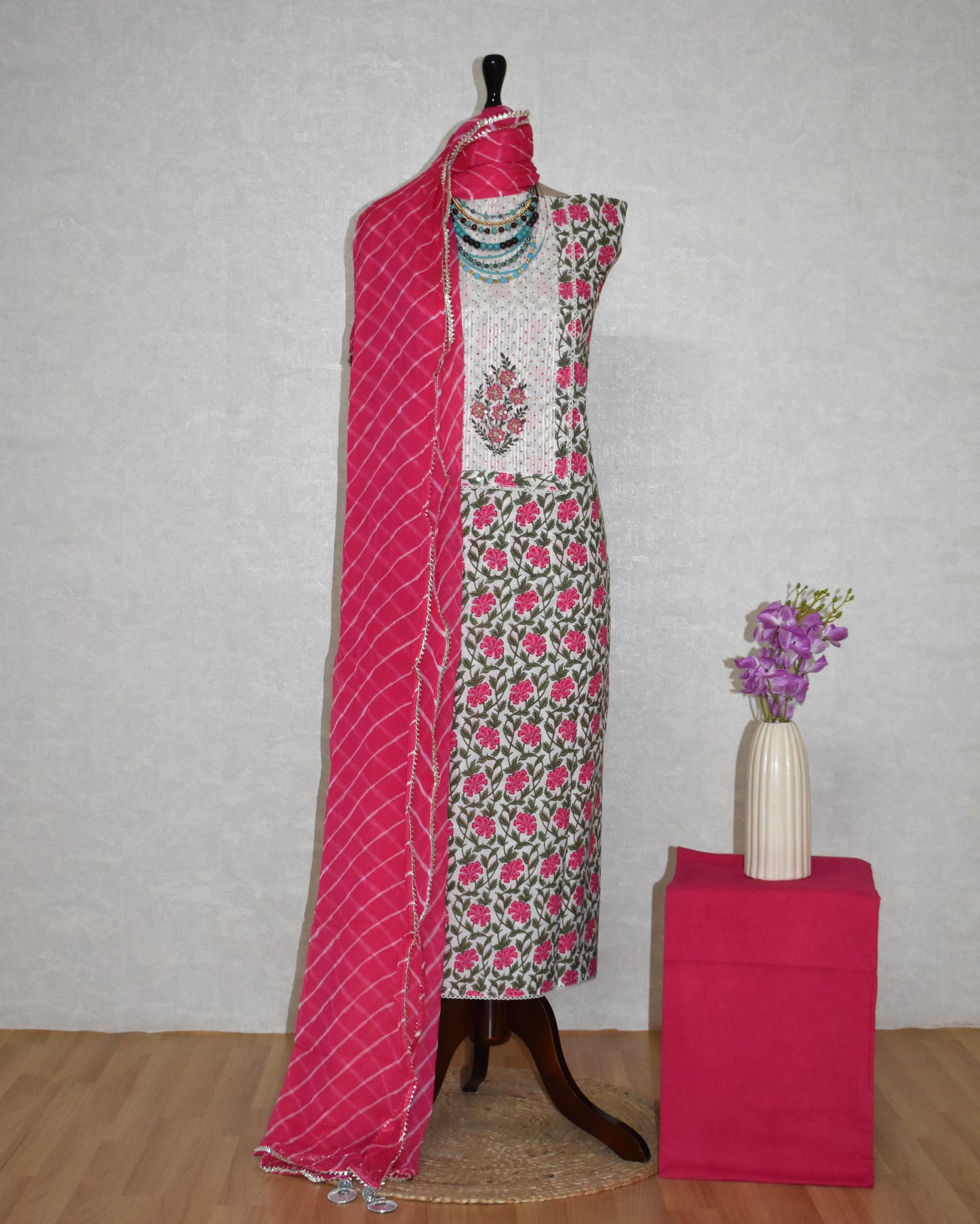 Hand Block Printed Cotton Suit with Hand Embroidery and Pure Chiffon Leheriya Dupatta