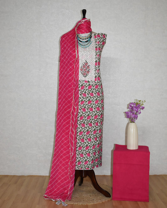 Hand Block Printed Cotton Suit with Hand Embroidery and Pure Chiffon Leheriya Dupatta