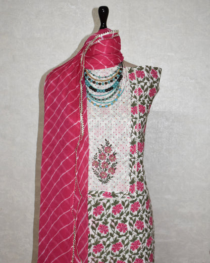 Hand Block Printed Cotton Suit with Hand Embroidery and Pure Chiffon Leheriya Dupatta