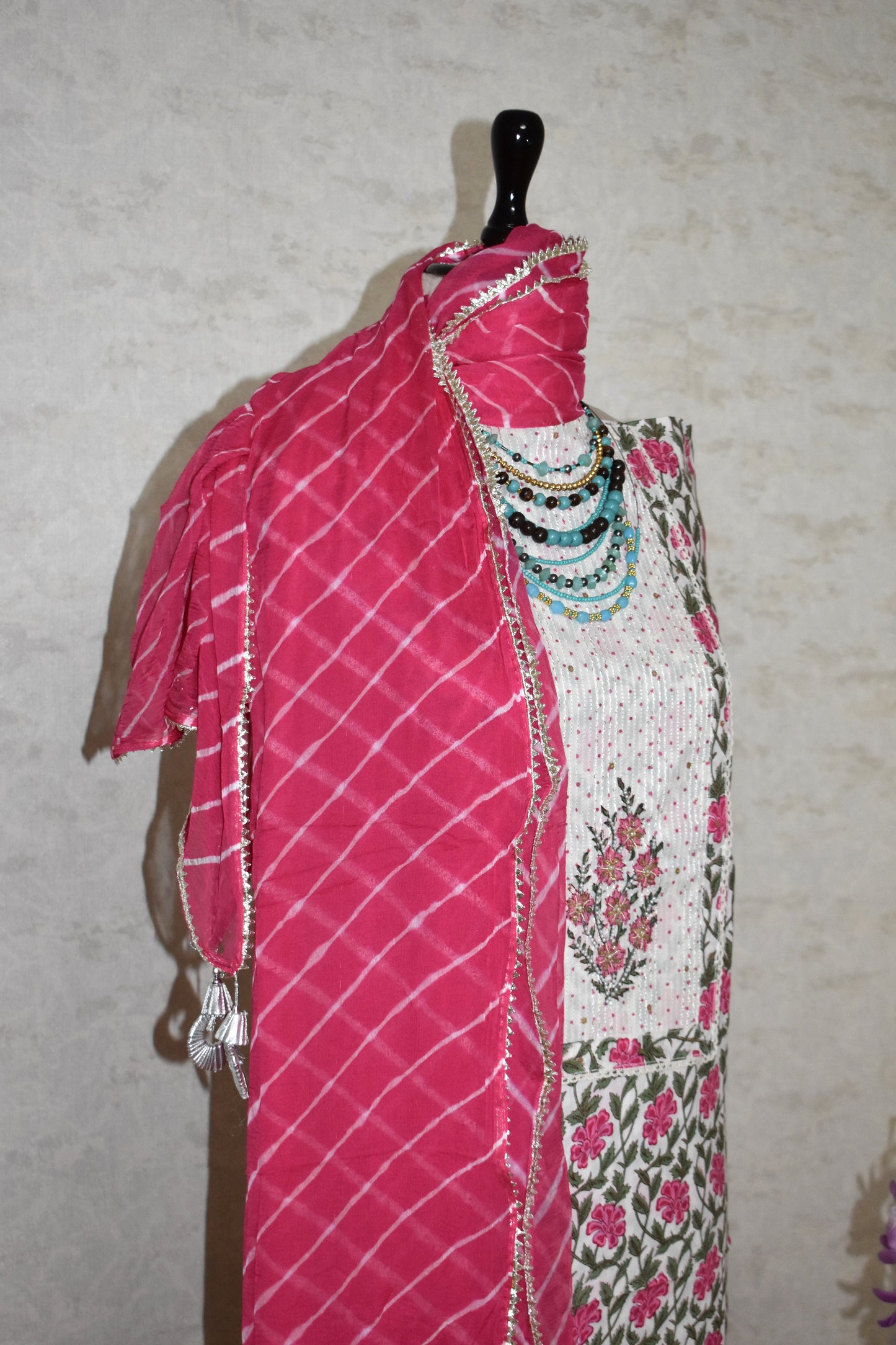 Hand Block Printed Cotton Suit with Hand Embroidery and Pure Chiffon Leheriya Dupatta