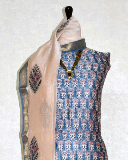 All-over Floral Buti Hand Block Printed Maheshwari Silk Suit Set