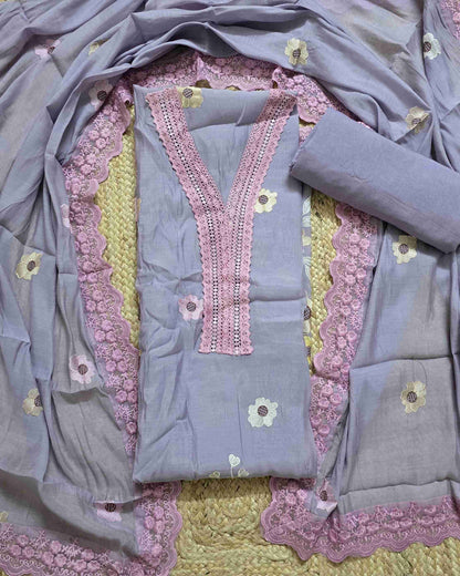 Premium Mal Chanderi Embroidered Suit Set with Intricate Neck Lace with Lace-Trimmed Dupatta (Lavender)