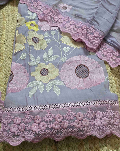 Premium Mal Chanderi Embroidered Suit Set with Intricate Neck Lace with Lace-Trimmed Dupatta (Lavender)