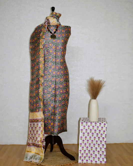 Sanganeri Green- Grey Floral printed Maheshwari Silk Suit Set