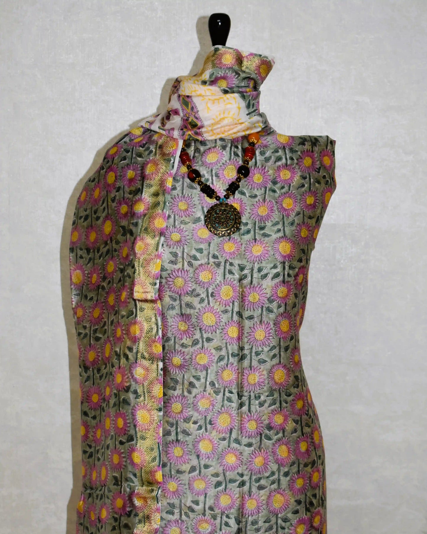 Sanganeri Green- Grey Floral printed Maheshwari Silk Suit Set