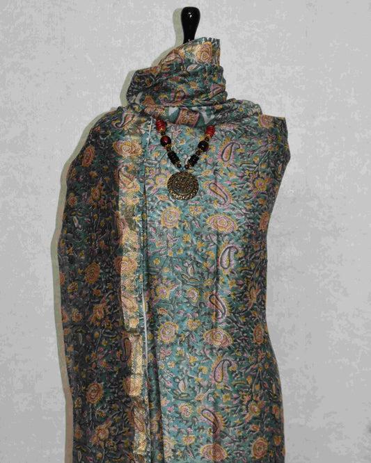 Sanganeri printed Maheshwari Silk Suit Set