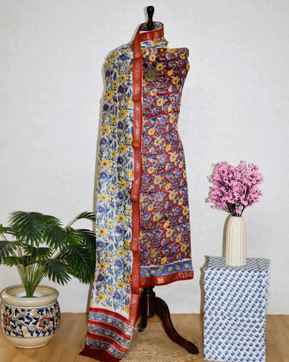 Sanganeri printed Maheshwari Silk Suit Set