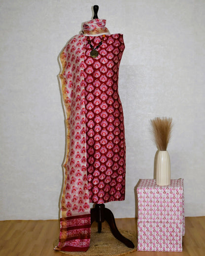 Sanganeri Red Small Floral Spade Buti printed Maheshwari Silk Suit Set