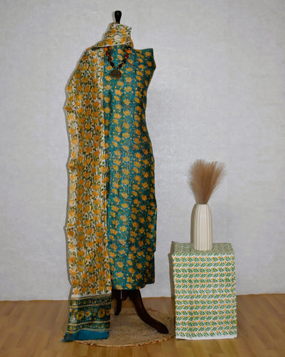 Sanganeri Green String of Flowers printed Maheshwari Silk Suit Set