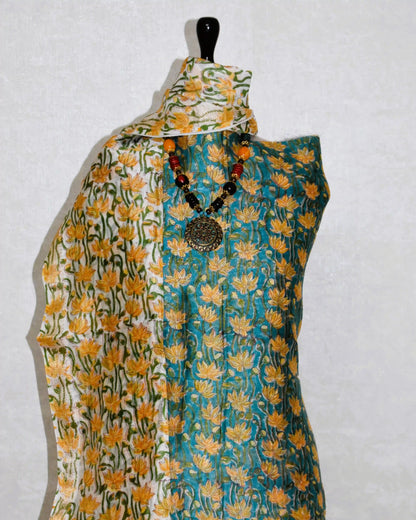 Sanganeri Green String of Flowers printed Maheshwari Silk Suit Set