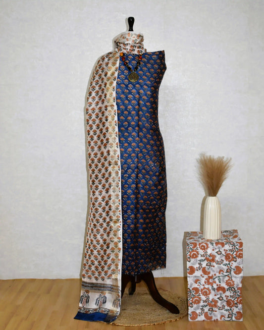 Sanganeri Blue All-over Small Floral Buti printed Maheshwari Silk Suit Set