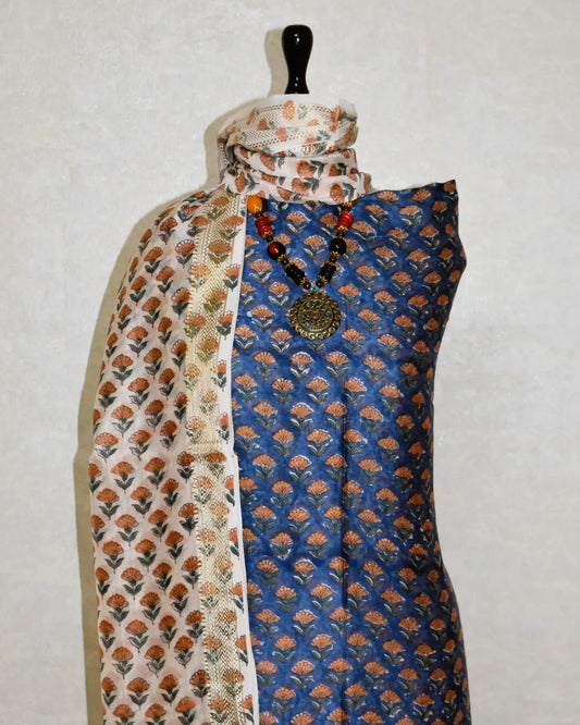 Sanganeri Blue All-over Small Floral Buti printed Maheshwari Silk Suit Set