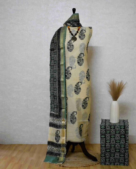 Hand Block Printed Green Paisley Maheshwari Silk Suit Set