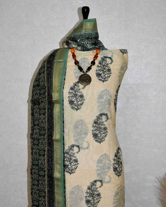 Hand Block Printed Green Paisley Maheshwari Silk Suit Set