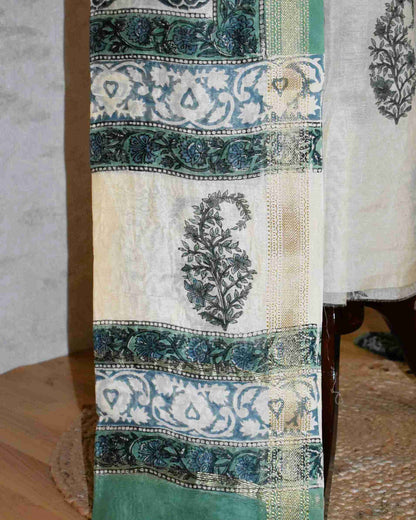 Hand Block Printed Green Paisley Maheshwari Silk Suit Set