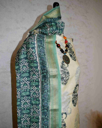 Hand Block Printed Green Paisley Maheshwari Silk Suit Set