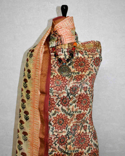 Red Sanganeri Floral Jaal print Maheshwari Silk Suit Set